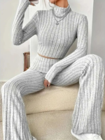 Kadın Uzun Kollu Balıkçı Yaka Krop Ve Pantolon şardonlu Kaşkorse Ikili Takım - Görsel 5