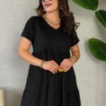 Kadın Kısa Kollu V Yakalı Viskon Elbise