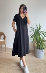 Kadın Kısa Kollu V Yaka Cepli A Kesim Detaylı Viskon Elbise - Görsel 5