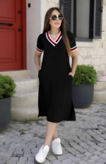 Kadın Kısa Kollu V Yaka Ribana Detay Midiboy Viskon Elbise