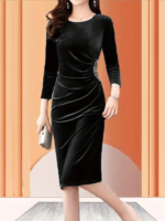 Kadın Uzun Kollu Bot Yaka Yanı Taş Detaylı Midi Kadife Elbise - Görsel 2