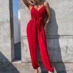 Kadın Ip Askılı Kruvaze Yakalı Belden Kuşaklı Uzun Sandy Tulum