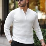 Erkek Fermuarlı Bisiklet Yaka Dokulu Uzun Kollu Triko