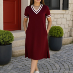 Kadın Kısa Kollu V Yaka Ve Yaka Ribana Detay Midiboy Viskon Elbise