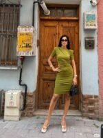 Kadın Bel Dekolteli Yanı Büzgü Detay Dalgıç Krep Kumaş Mini Elbise - Görsel 3