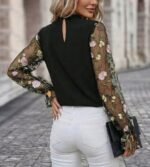 Kadın Uzun Kollu Yarı Balıkçı Yaka Tül Detaylı Ithal Krep Bluz - Görsel 3