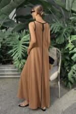 Kadın Omuzlardan Açık Yaka Ince şerit Detaylı Uzun Viskon Elbise - Görsel 4