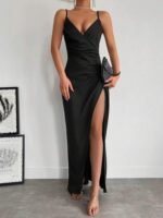 Kadın Askılı Kruvaze Yaka Derin Yırtmaçlı Krep Elbise - Görsel 8