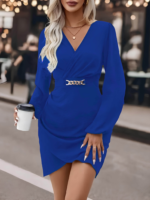 Kadın Uzun Kollu Kruvaze Yaka Yandan Büzgülü Asimetrik Detaylı Ithal Krep Mini Elbise - Görsel 4