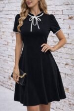 Kadın Kısa Kollu Yakadan Bağcıklı Ve Fırfırlı Midi Janjan Krep Elbise - Görsel 2