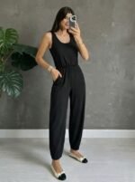 Kadın Askılı Yuvarlak Yakalı Cepli Viskon Tulum - Görsel 2