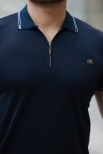 Erkek Yaka Ve Kolları çizgi Detaylı Fermuar Yakalı Kısa Kollu Tişört - Görsel 3