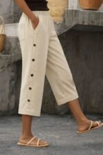 Kadın Yüksel Bel Lastikli Yandan Dügme Detaylı Midi Pantolon - Görsel 3