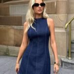 Kadın Omuzlardan Açık Bisiklet Yaka Kısa Kot Elbise - Görsel 4