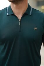 Erkek Yaka Ve Kolları çizgi Detaylı Fermuar Yakalı Kısa Kollu Tişört - Görsel 3