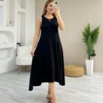 Kadın Askılı Yuvarlak Yakalı Asimetrik Kesim Detaylı Viskon Elbise