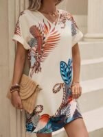 Kadın Kısa Kollu V Yakalı Desenli Mini Atlas Elbise - Görsel 3