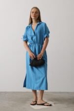 Beli Lastikli Elbise - Mavi - Görsel 4