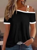 Kadın Kısa Kollu Tek Omuzu Açık Askı Toka Detaylı Viskon Bluz - Görsel 2