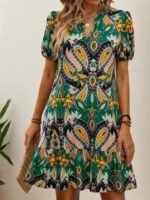 Kadın Kısa Kollu V Yakalı Desenli Kısa Süprem Elbise - Görsel 6