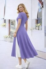 Kadın Kısa Kollu Asimetrik Yakalı Düğme Detaylı Midi Viskon Elbise - Görsel 2