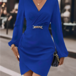 Kadın Uzun Kollu Kruvaze Yaka Yandan Büzgülü Asimetrik Detaylı Ithal Krep Mini Elbise