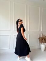 Kadın Yuvarlak Ribana Yaka Beyaz Yırtmaç Detaylı Viskon Tam Boy Elbise - Görsel 11