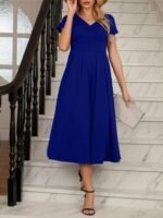 Kadın Kısa Kollu V Yakalı önden Pileli Midi Janjan Krep Elbise - Görsel 3