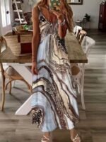 Kadın Askılı V Yakalı Desenlı Uzun Süprem Elbise