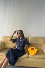 TENCEL ÖNDEN DÜĞMELİ KISA KOL ELBİSE - Mavi - Görsel 4