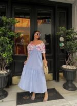 RENKLİ NAKIŞ DESENLİ ELBİSE - Mavi - Görsel 3