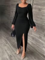 Kadın Uzun Kollu Geometrik Yakalı Yandan Yırtmaçlı Uzun Janjan Krep Elbise