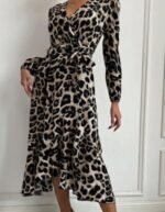 Kadın Uzun Kollu Kruvaze Yaka Yandan Bağlamalı önden Fırfır Detaylı Süprem Uzun Elbise - Görsel 4