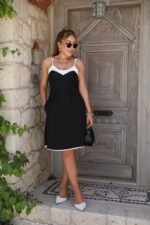 Kadın Ip Askılı Geniş V Yakalı çift Renkli Janjan Krep Elbise - Görsel 2