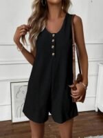 Kadın Askılı Yuvarlak Yaka Düğmeli Waffle Kısa Tulum - Görsel 6