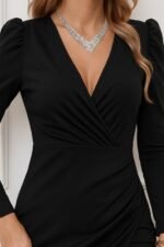 Kadın Uzun Kollu Kruvaze Yaka Kol Detaylı Ithal Krep Mini Elbise - Görsel 2