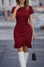 Kadın Kısa Kollu Bisiklet Yaka önden Volanlı Ithal Krep Elbise - Görsel 3