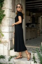 Kadın Kısa Kollu V Yakalı Yırtmaçlı Midi Viskon Elbise - Görsel 3