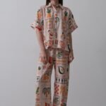 Baskılı Kısa Kol Pantolon Takım - Taş-Oranj