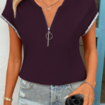 Kadın Kısa Kollu önden Fermuarlı Kol Ucu ışıltılı Viskon Bluz