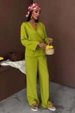 Kruvaze Model Klasik Pantolonlu Çupra Keten Takım 10191 - Görsel 2