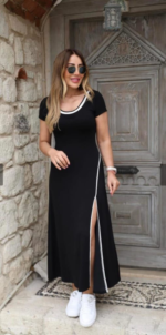 Kadın Yuvarlak Ribana Yaka Beyaz Yırtmaç Detaylı Viskon Tam Boy Elbise - Görsel 2