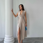 KRUVAZE VATKALI KOLSUZ ELBİSE MODAL KUMAŞ - Bej