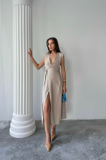 KRUVAZE VATKALI KOLSUZ ELBİSE MODAL KUMAŞ - Bej