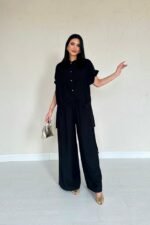 Siyah Önü Pileli İkili Keten Takım - Görsel 2