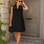 Kadın Kolsuz V Hakim Yaka Dantelli Janjan Krep Elbise