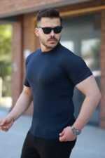 Erkek Bisiklet Yaka örgü Desenli Kısa örme Triko Kısa Kollu T-shirt - Görsel 2