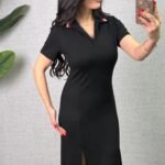 Kadın Polo Yaka çift Yırtmaç Detay Modal Kumaş Midi Boy Elbise