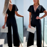 Kadın Kısa Kollu Kruvaze Yaka Sırt Dekolteli Pegasus Kumaş Tulum