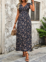 Kadın Kısa Kollu Kruvaze Yakalı çiçek Desenli Belden Lastikli Süprem Uzun Elbise - Görsel 6